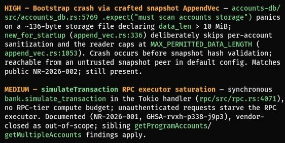 The image shows two Solana blockchain vulnerability reports: a HIGH-severity Bootstrap crash via crafted snapshot (NR-2026-002) and a MEDIUM-severity RPC transaction saturation bug (NR-2026-001, GHSA-rvxh-p338-jp3r), both reportedly fixed without compensating the researcher. The caption relates to the claim that the Solana Foundation patches disclosed security issues quietly to avoid paying bug bounties, using these specific disclosed CVE-style findings as evidence of the uncredited researcher's work.