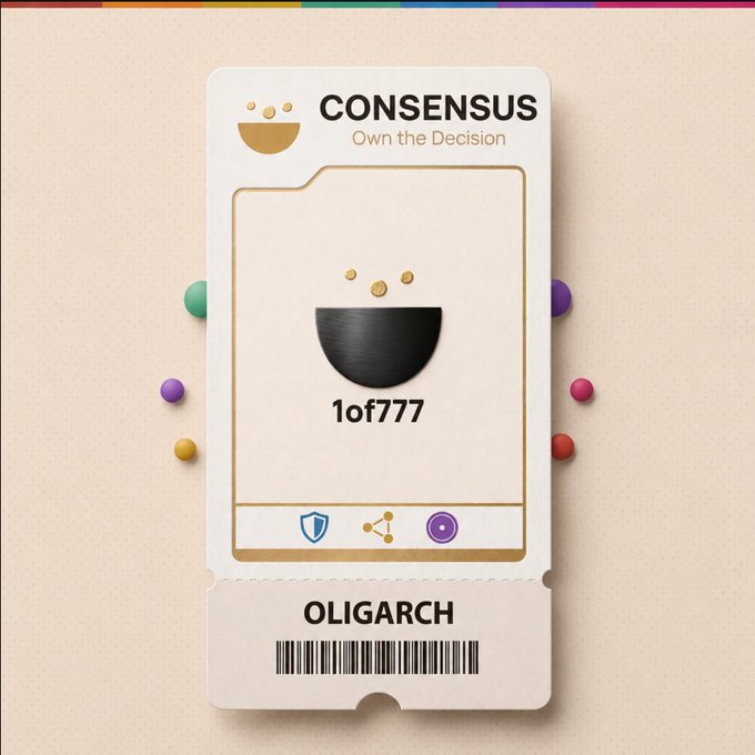 A "Consensus" NFT membership card labeled "OLIGARCH" numbered 1 of 777, featuring a black bowl icon with three gold dots above it, promoting whitelist registration for the upcoming mint and game launch.