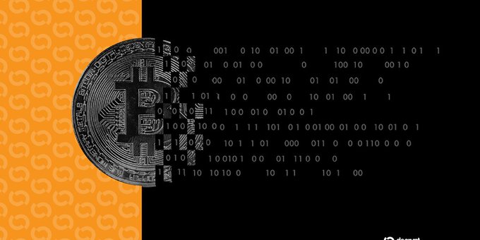 A graphic illustration showing a black Bitcoin coin split down the middle, set against a yellow patterned background on the left and binary code on the black right side.