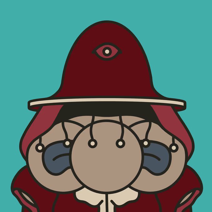 A cartoon illustration of a character in a red hooded robe featuring a single eye symbol, with a stylized face and mechanical-looking cheeks against a teal background.