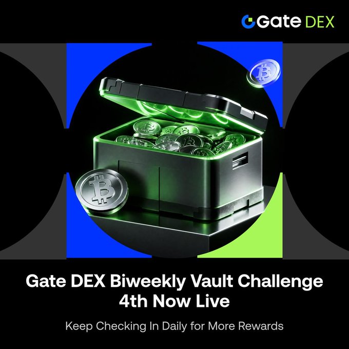 The image features a black background with a green box containing several Bitcoins inside of it. Below the box, there's text that reads "Gate DEX Biweekly Vault Challenge #4 Is Now Live Keep checking in daily for more rewards". The text also mentions that the challenge is now live and encourages participants to keep checking their daily balance for more rewards.

The image includes a few Bitcoins scattered around it, which are likely used as prizes or incentives for completing the challenge.