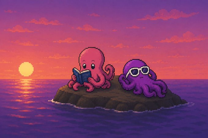 A pixel art illustration of a pink octopus reading a book and a purple octopus wearing pixel sunglasses, both sitting on a small rock in the ocean during a vibrant sunset.