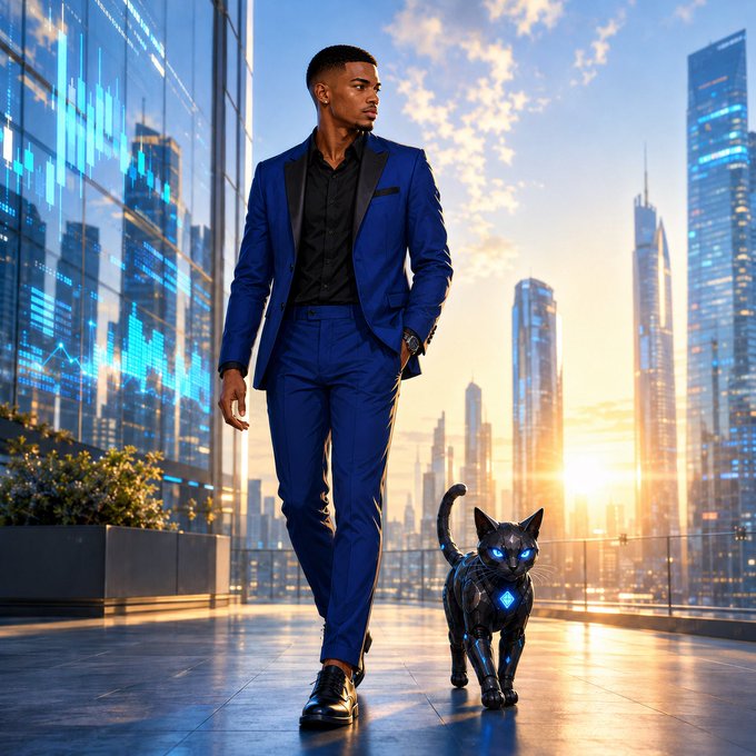 A man in a sharp blue suit walks alongside a sleek robotic cat with glowing blue eyes on a rooftop terrace, set against a futuristic city skyline at sunrise. The image complements the "GM CT" (Good Morning Crypto Twitter) post by evoking a sense of optimism, renewal, and forward-thinking energy to match the promise of fresh opportunities in the market.