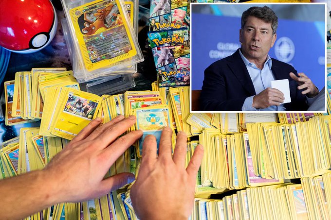 Hands spread across a large collection of Pokemon trading cards next to a Pokeball, with an inset photo of a man in a suit speaking at what appears to be a conference.