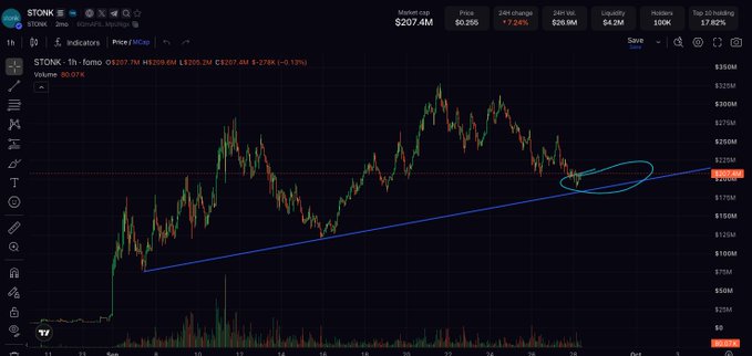 A TradingView chart showing STONK (STONK · 1h · Binance) trading at $207.48 with a 7.24% gain, featuring a circled area highlighting recent price action near an upward trendline support level.
