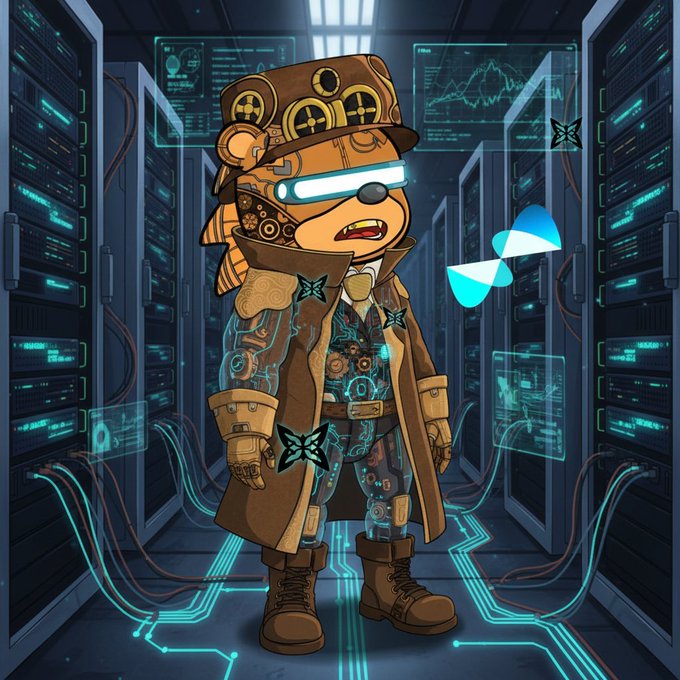 Digital illustration of a steampunk-style robotic bear character with glowing goggles, mechanical gears, and a trench coat standing in a futuristic server room with a glowing blue butterfly nearby.