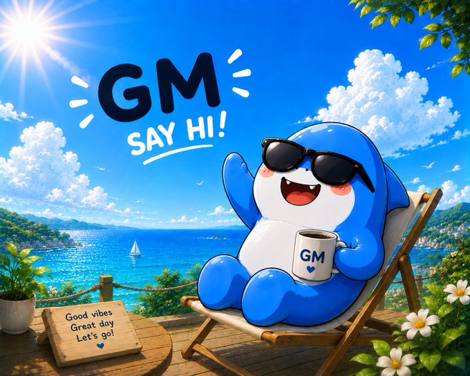 A cartoon blue and white mascot wearing sunglasses sits on a beach chair holding a 'GM' mug, with 'GM SAY HI!' text and a sign reading 'Good vibes, Great day, Let's go!' against a sunny ocean backdrop.
