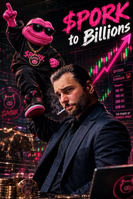 A promotional graphic for "$PORK to Billions" featuring a man in a suit smoking, a pink mascot character, and price targets listed on the right.