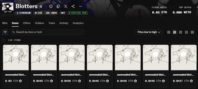 Screenshot of a NFT marketplace page for 'Blotters' on the ETH network, showing 118 items including multiple 'unrevealed blot...' listings priced around 0.03-0.0446 ETH.