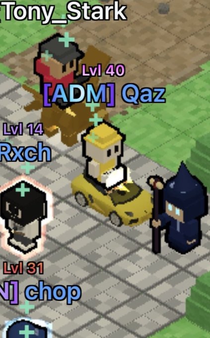 A pixel-art multiplayer game showing characters labeled 'Tony Stark', '[ADM] Qaz', 'Lvl 14 Rxch', and '[N] chop' near a yellow car.