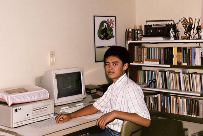 A vintage photograph of a young man with dark hair sitting at a desk with an old Macintosh computer, with bookshelves and a framed avocado artwork visible in the background.