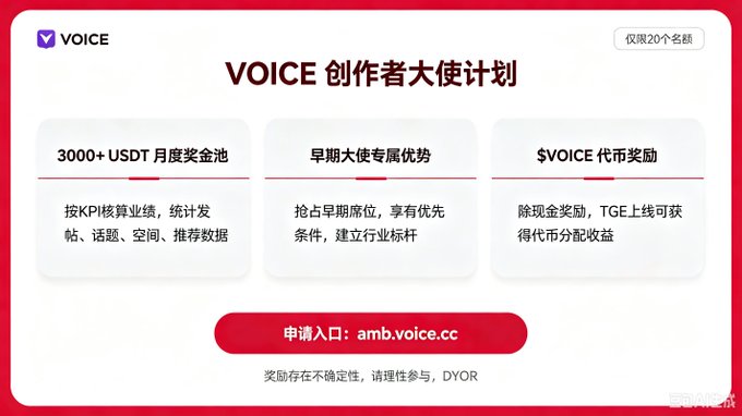 A promotional graphic for the 'VOICE 创作者大使计划' (VOICE Creator Ambassador Program), highlighting benefits like a '3000+ USDT 月度奖金池' and an application link 'amb.voice.cc'.