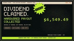 A retro-style computer screen displaying 'DIVIDEND CLAIMED' for 'HARDWIRED PAYOUT COLLECTED' with an exclamation 'POW!' and an amount of $6,549.49 by Marcus Tobia.