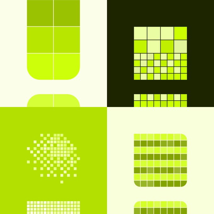 A green-themed geometric/pixel art design featuring various shapes including rounded rectangles, grids, and a pixelated heart-like pattern in different shades of green.