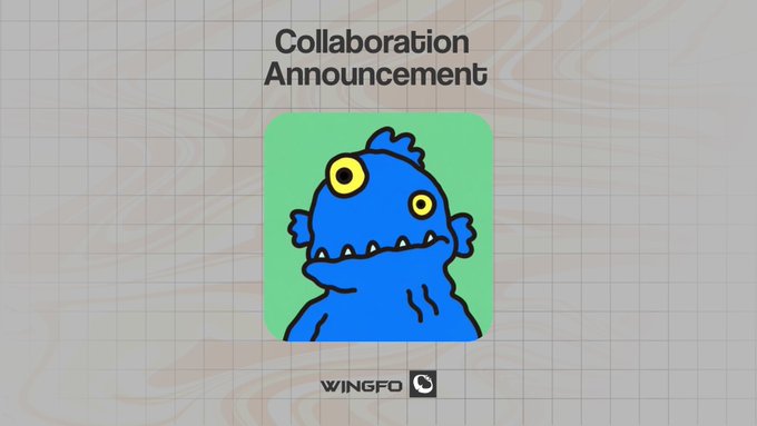 The image features a cartoon blue monster with yellow eyes, giving it a friendly appearance. The monster is positioned centrally within the frame of the image. In the background, there are two lines that appear to be made from a grid pattern, which adds an interesting visual element to the scene. Above the monster, there's text that reads "Collaboration Announcement". Below the monster, there's another line of text that says "@gloobiez_eth" and "@weingfo", possibly indicating the collaboration between two individuals or organizations. The image also includes a link to a Twitter account named @gloobiez_eth, which might be related to the collaboration being announced.