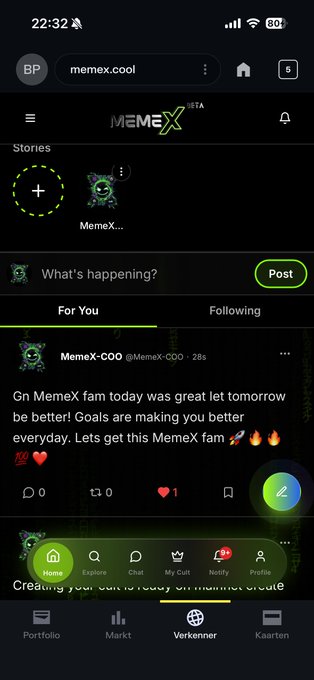 A mobile screenshot of the MemeX social media platform (memex.cool) showing a 'For You' feed with a post from MemeX-COO.