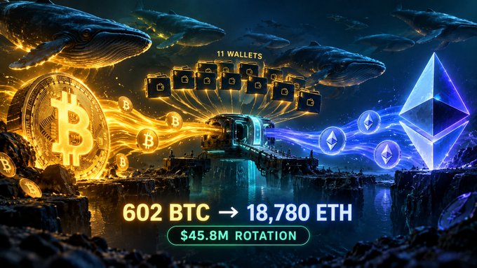 A stylized graphic depicting a $45.8M crypto rotation of 602 BTC into 18,780 ETH across 11 wallets, featuring giant Bitcoin and Ethereum symbols on either side of a chasm.