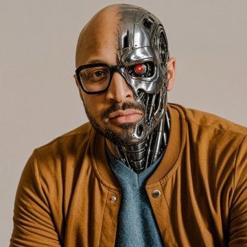 A portrait of a bald man with a beard wearing glasses, a brown jacket, and a gray shirt; the right side of his face and head is replaced with exposed metallic robotic components featuring a red glowing eye.