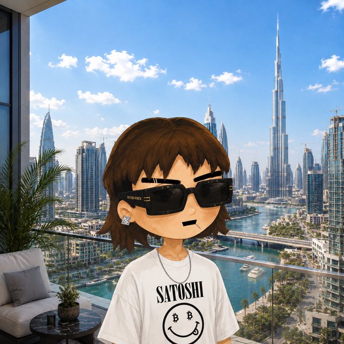 An anime-style digital illustration of a character with brown hair and sunglasses wearing a white 'Satoshi' t-shirt with a smiley face, set against a Dubai skyline featuring the Burj Khalifa.