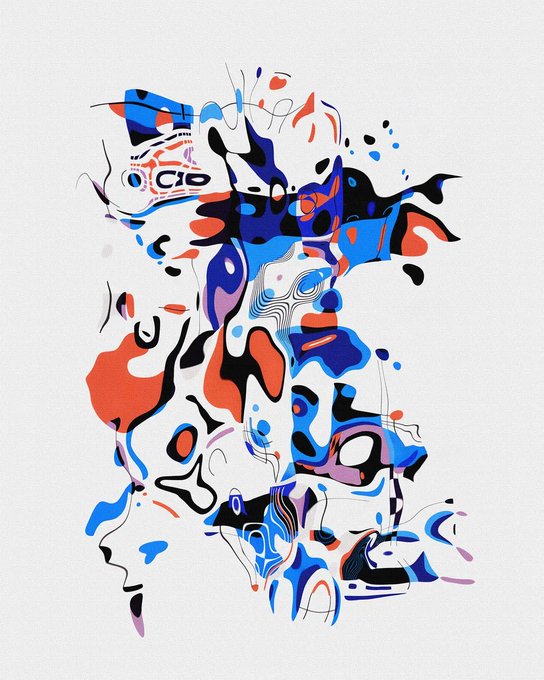 An abstract digital artwork featuring fluid, organic shapes and patterns in shades of blue, orange, black, and white against a light gray background.