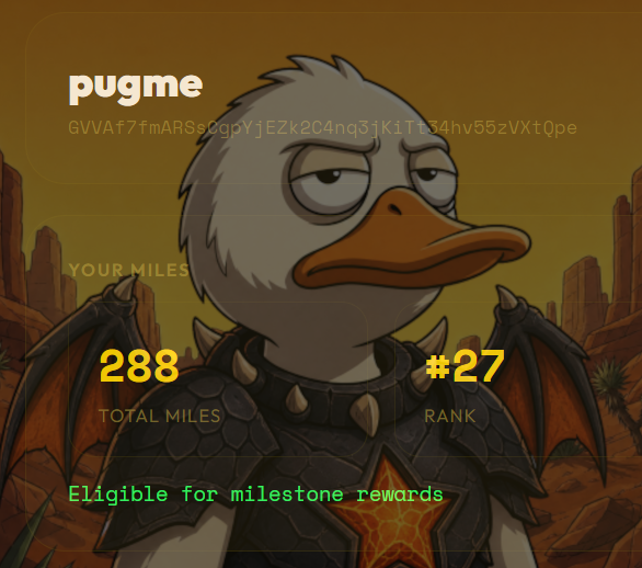 The same cartoon duck character in armor shown as a profile dashboard for "pugme," displaying "288 TOTAL MILES," rank "#27," and "Eligible for milestone rewards."