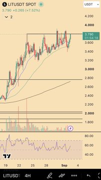 A candlestick chart shows LITUSD on a 4-hour timeframe trading at 3.790 (+7.52%), with a highlighted current price of 3.796 and visible levels near 2.20 and 3.80. The chart confirms the poster's prediction, as price has rallied toward the anticipated 3.80 zone after being observed sub-3.40 the previous night.