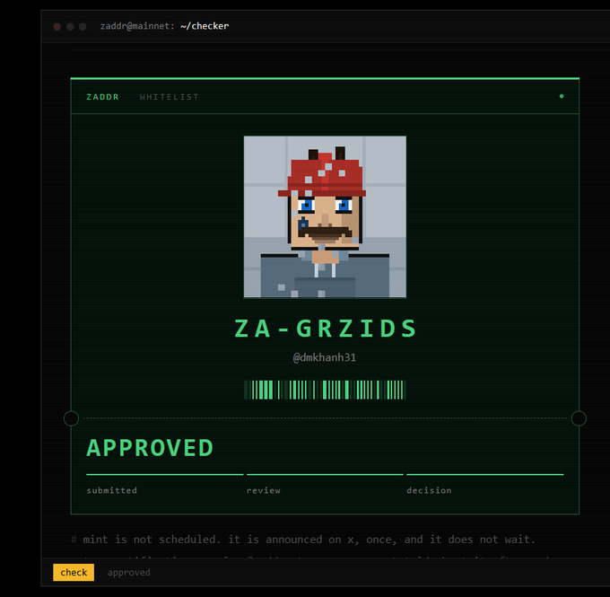 A "ZDADR WHITELIST" approval page for a pixel-art character named "ZA-GRZIDS" (@dmkhanh31), marked as APPROVED with a barcode.