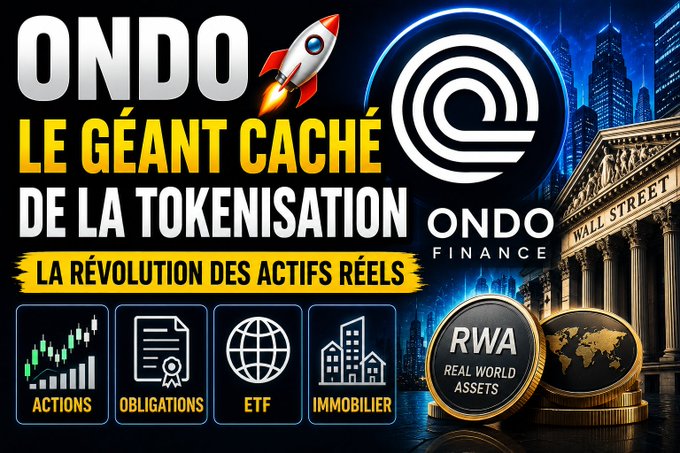 The image features a poster for a video titled "Ondo Le Geant Cache De La TKEENNISATION" with an illustration of a rocket above a building, symbolizing the concept of tokenization. The poster also includes text that reads "ONDO The Hidden Giant of Tokenization", which is likely related to the content of the video or the company behind it.