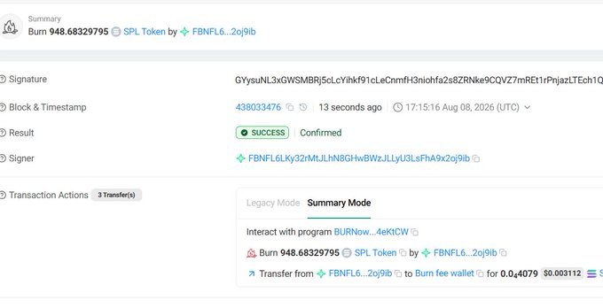 The image shows a successful Solana blockchain transaction confirming the burn of 948.68329795 SPL Tokens ($EBOX), sent to address FBNFL6...2o9ib with a burn fee of 0.004079 SOL, serving as proof of the LP token burn referenced in the post.