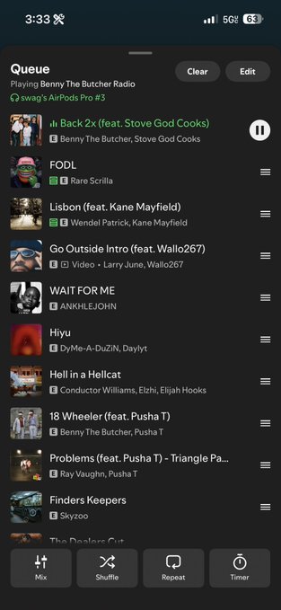 A screenshot of an Apple Music queue on an iPhone, showing a playlist titled 'swag's AirPods Pro #3' playing Benny The Butcher Radio, with songs including 'Back 2x', 'FODL', 'Lisbon', and others.