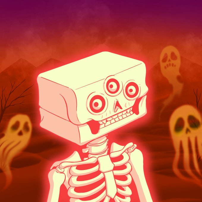 A stylized illustration shows a glowing skeleton with a box-shaped head featuring three eyes, set against a red, haunted background with floating ghosts.