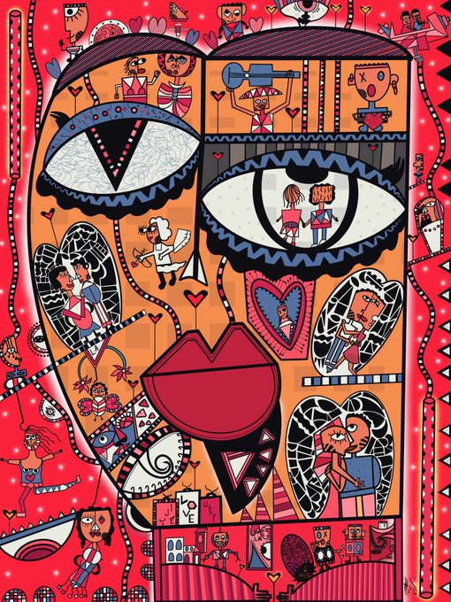 A vibrant, detailed pop-art style illustration featuring a large stylized face with prominent lips and big eyes, filled with various smaller scenes, characters, hearts, and 'LOVE' lettering on a red background.