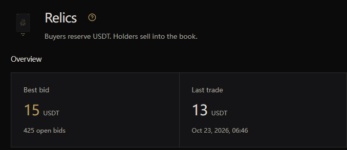 A dark marketplace page titled “Relics” says buyers reserve USDT and holders sell into the book, showing “Best bid 15 USDT” and “Last trade 13 USDT.”