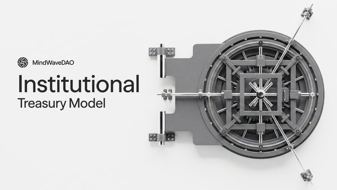 Banner for MindWaveDAO displaying an 'Institutional Treasury Model' alongside a large 3D rendering of a vault door with locking rods.