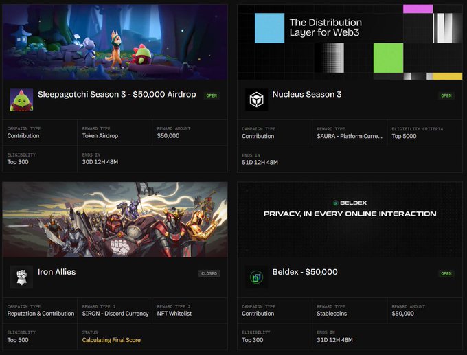 A webpage shows four Web3 airdrop campaigns: 'Sleepagotchi Season 3 - $50,000 Airdrop', 'Nucleus Season 3', 'Iron Allies' (closed), and 'Beldex - $50,000', each with details on rewards and eligibility criteria.