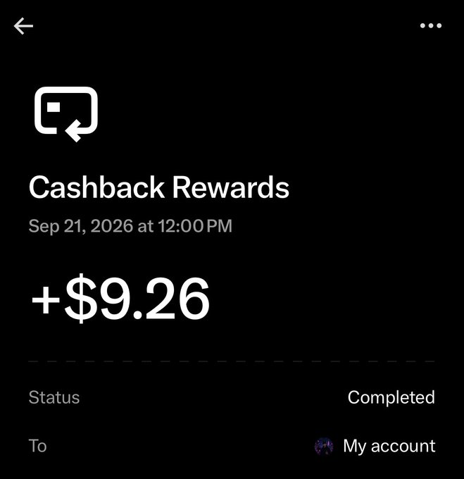 A mobile app notification screen for 'Cashback Rewards' showing a credit of +$9.26 with a 'Completed' status, dated Sep 21, 2026.