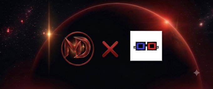 A promotional graphic featuring the MB (Molecular Blue) logo multiplied with a blue and red glasses icon against a cosmic, space-themed backdrop with red and gold lights.