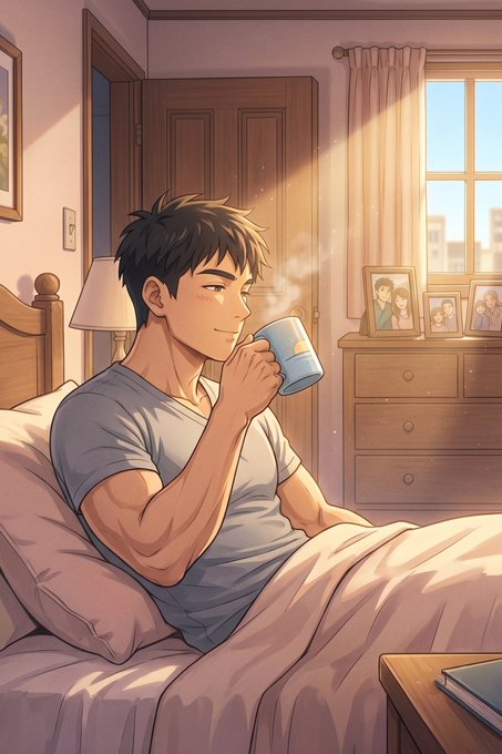 An anime-style illustration depicts a young man with dark hair sitting in bed, smiling while sipping from a steaming mug, with sunlight streaming through a curtained window onto a dresser with framed photos.