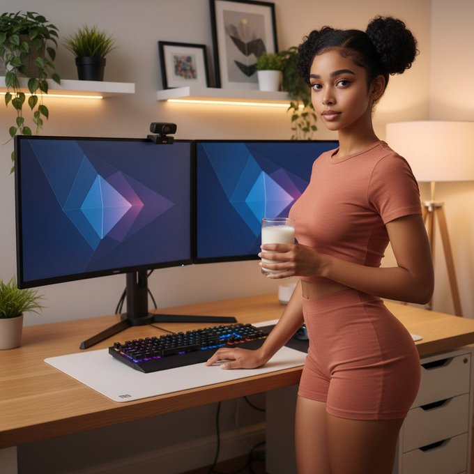 Young woman in a matching rust-colored outfit standing at a gaming desk with dual monitors displaying a geometric blue wallpaper, holding a glass of milk.