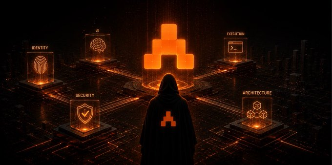 A hooded figure stands before a glowing orange "A" symbol, surrounded by holographic pillars labeled "IDENTITY," "AI," "EXECUTION," "SECURITY," and "ARCHITECTURE," visualizing how AI can interpret blockchain wallet behavior as layered patterns rather than raw transactions—a concept tied to @TheARCTERMINAL.