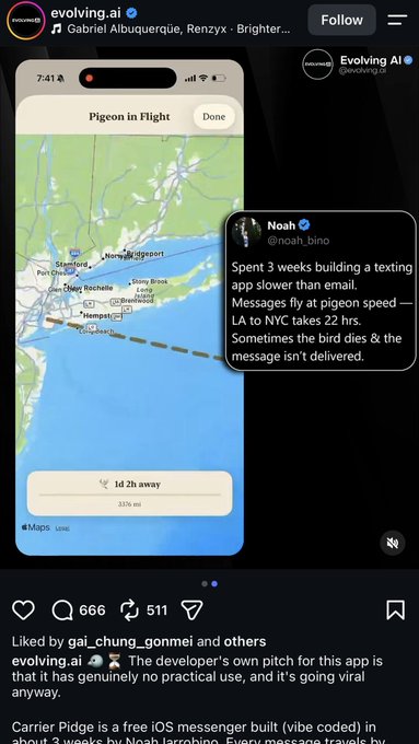An Instagram post from @evolving.ai showcasing Carrier Pidgeon, a free iOS messaging app where messages are physically delivered by pigeons, with a screenshot showing a pigeon flying from Stamford to Bridgeport taking 22 hours.
