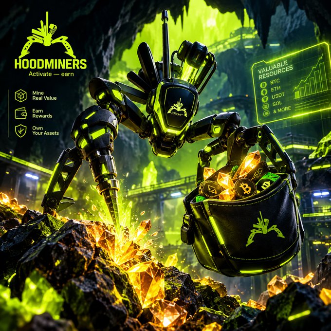 A promotional graphic for 'HOODMINERS' featuring a robotic figure mining cryptocurrency in a green-lit cave, with text highlighting 'Activate — earn', 'Mine Real Value', 'Earn Rewards', and 'Own Your Assets', alongside a list of valuable resources including BTC, ETH, USDT, SOL, and more.