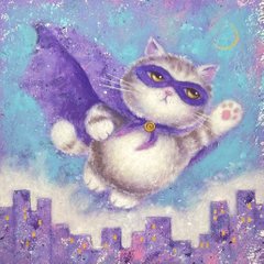 A whimsical painting depicts a white cat with a purple superhero mask and cape flying through a starry purple night sky over a city skyline.