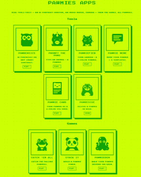 A green-themed infographic for 'PAUMIEZ APPS' showcasing mobile apps and games like BOOMERZILLA, MEOWY'S FINE FURNI, BUNNIES' EYE, and SHAOLIN MONK in a pixel-art style.