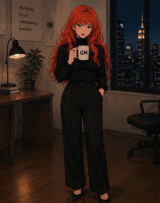 An anime-style illustration of a woman with long red hair wearing a black outfit and holding a mug labeled 'GM', standing in a dimly lit room with a window showing the Empire State Building, and a poster reading 'discipline focus consistency success'.