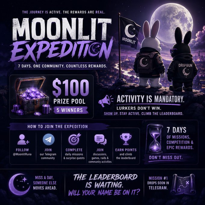 A 'Moonlit Expedition' promotional graphic advertises a $100 prize pool for 5 winners over 7 days of missions and quests on a Telegram community.