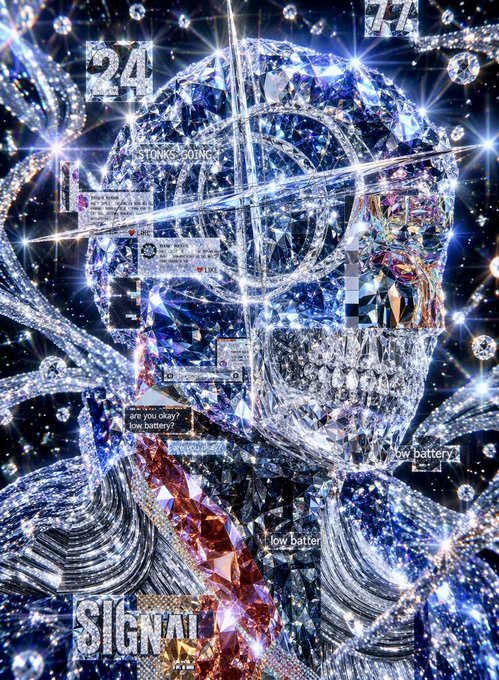 A glittery, crystalline digital artwork of a face made of diamond-like materials with overlaid social media comments asking 'STONKS GOING' and noting 'low battery'.