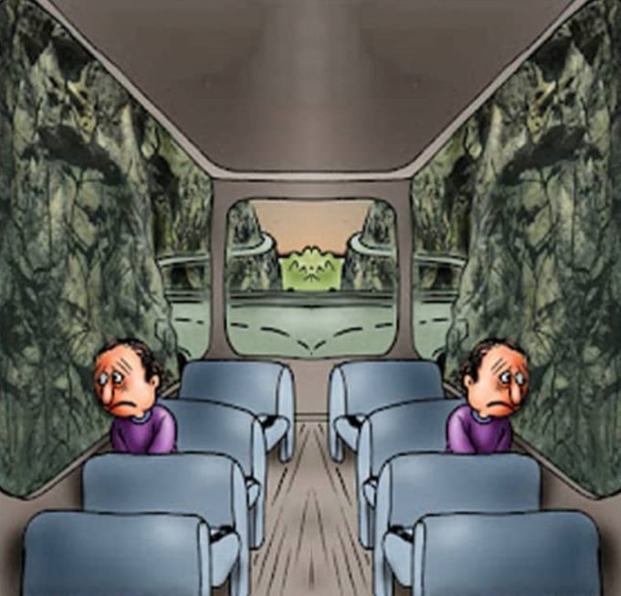 A surreal illustration of two sad figures sitting inside a bus where the walls and windows display a mirrored image of a forest road.
