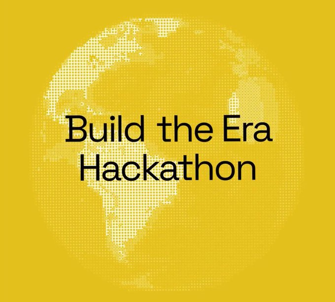 A graphic featuring a halftone-patterned globe on a yellow background with the black text 'Build the Era Hackathon'.