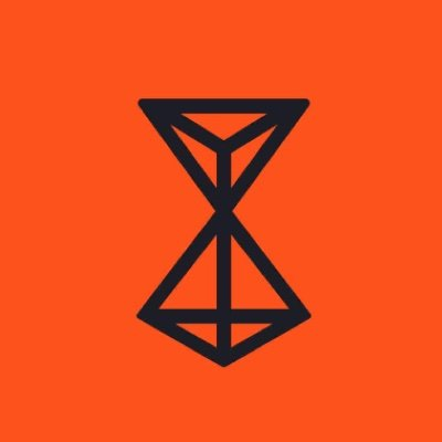 A simple geometric logo featuring two stacked dark triangles forming an hourglass-like shape on a bright orange background.